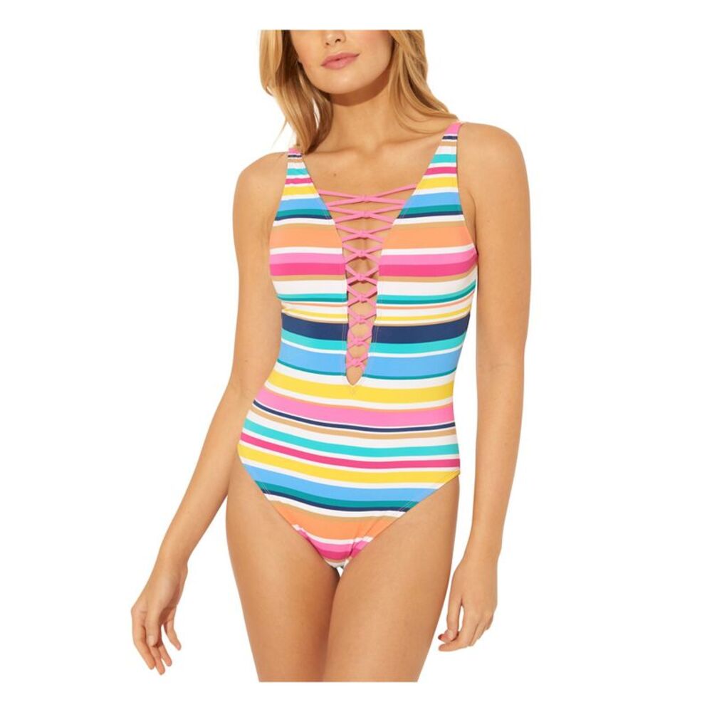 BLEU Women's Pink Multi-Stripe Strappy Removable Cups One Piece Swimsuit 14